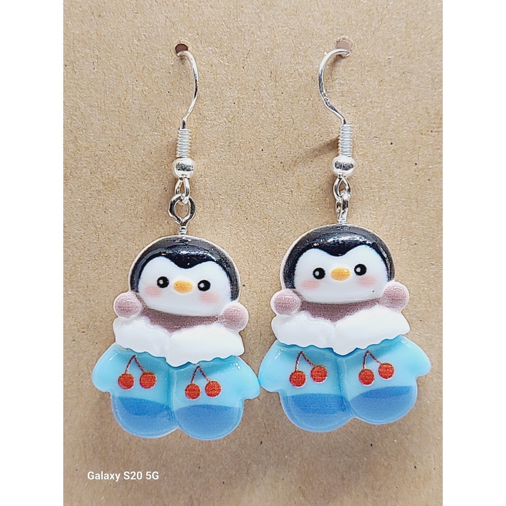 Blue Winter Penguin‎ Cherry Mittens Drop Earrings Silver Tone Fishhook New